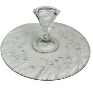 Tidbit 11” Serving Tray Dish Etched Glass Handle Floral Scallop Trim Vintage